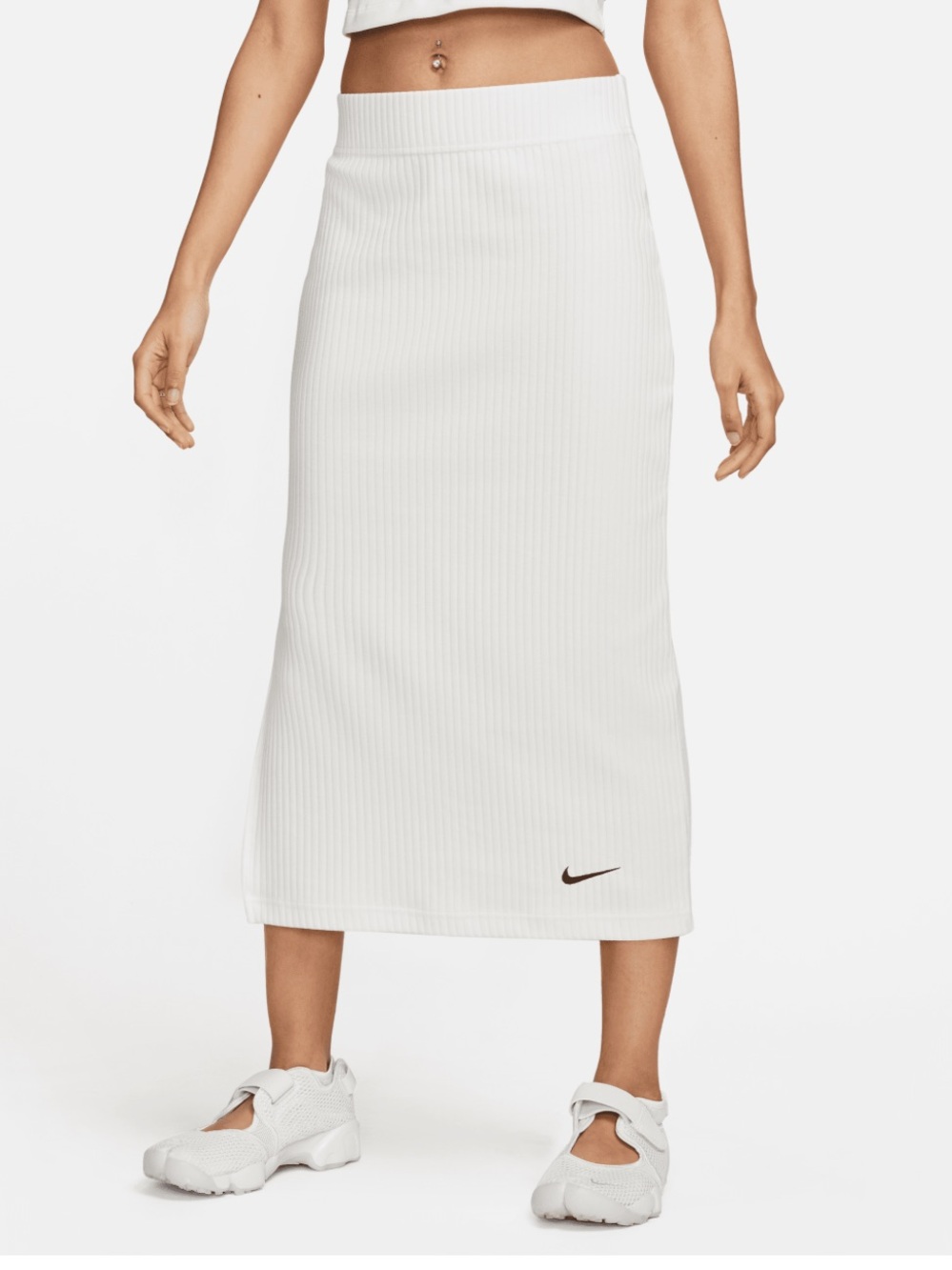 white NIKE ribbed pencil skirt with side slit and Nike logo